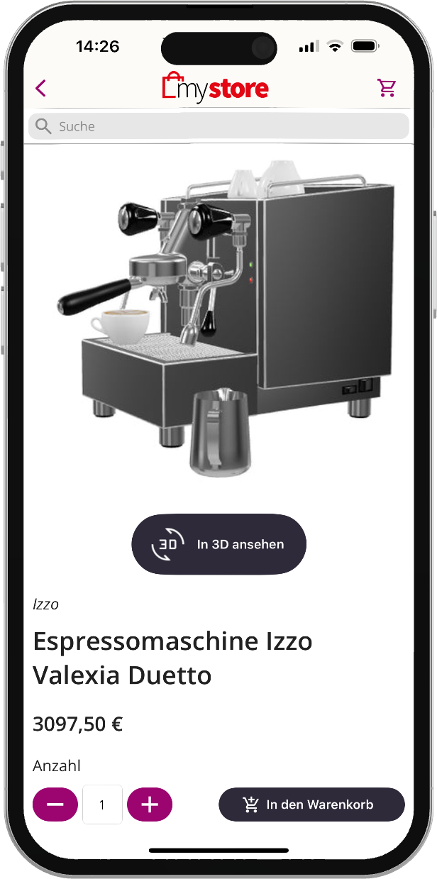 Ein Smartphone auf der eine Produkseite einer Shopping App zu sehen ist, unter dem Produktbild sieht man einen Button mit der Beschriftung: In 3D ansehen