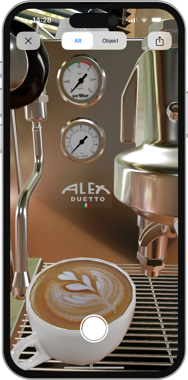 Ein Smartphone das eine augmented reality Darstellung einer Kaffeemaschine in Nahaufnahme zeigt.