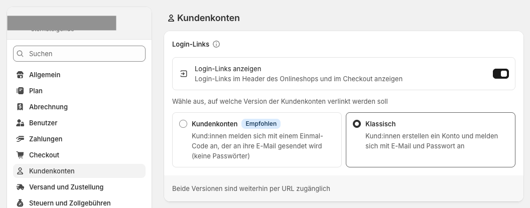 Einstellungen für Shopify Nutzerkonten im Shopify Admin Panel.